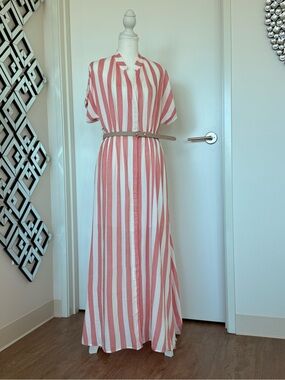 Striped Pink and White Maxi Shirt Dress with Belt